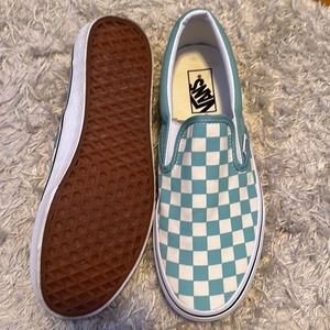Aqua checkerboard Vans slip ons